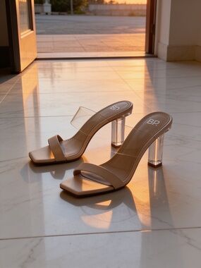 BP Nude Clear Strap Block Heel Sandals, Square Toe, Mule Heels (size 6)